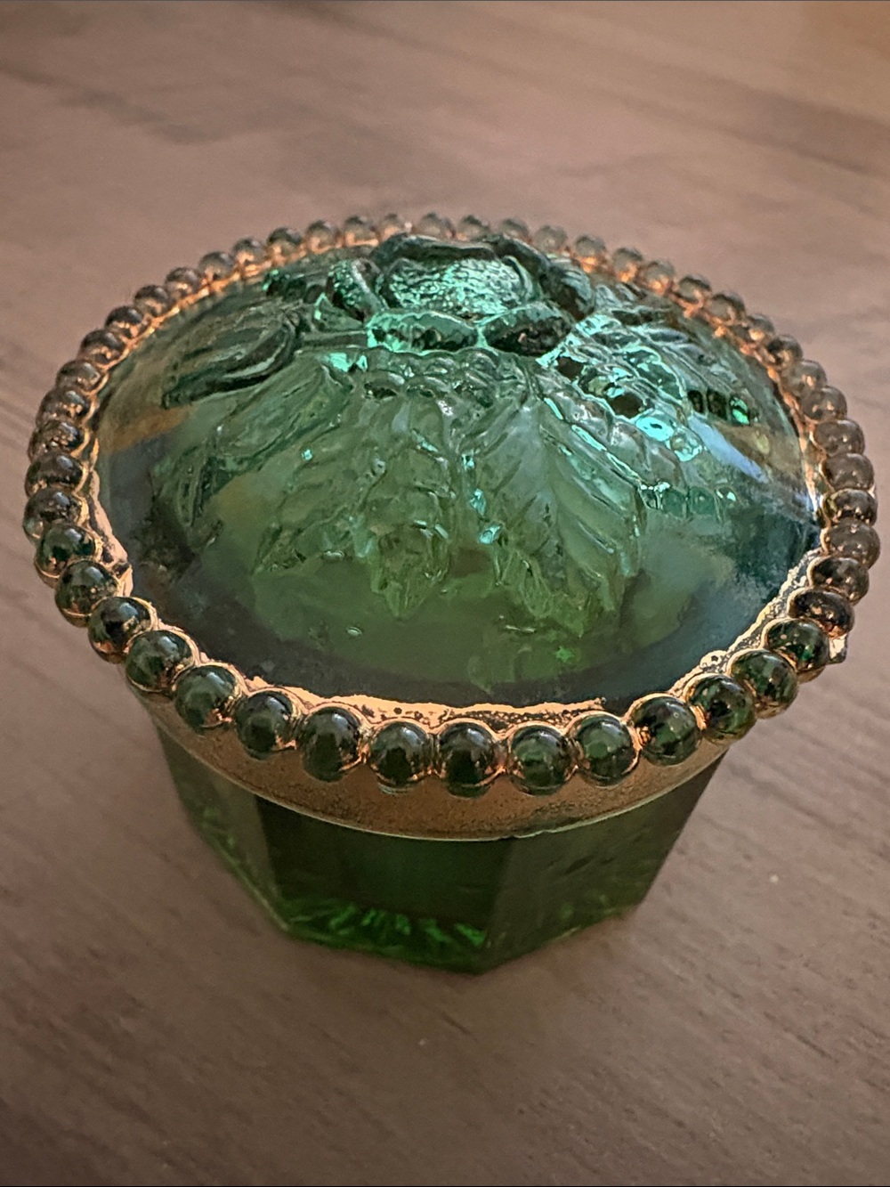 Green Glass Decorative Trinket Jar with Gold Trim